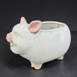 Smiling Ceramic Pig Planter White Pink Indoor Succulent Pot Drainage Hole 6x4